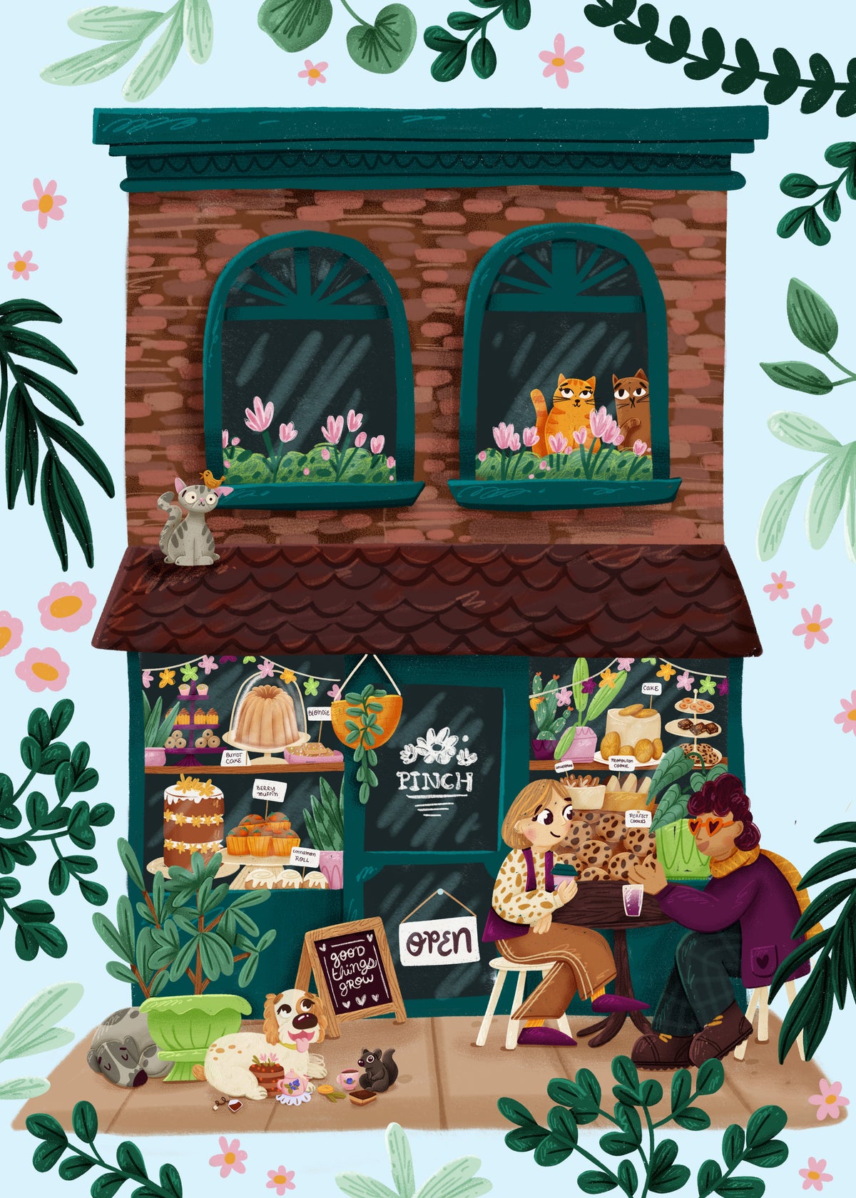 Illustration of the Pinch Bakery & Plant Shop storefront on Sherman Ave N, with Smokey the Cat and Nanaimo the Squirrel