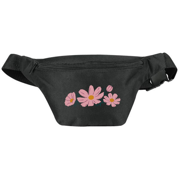 Black fanny pack with matching zipper, screenprinted with light pink flowers, all on a white background.