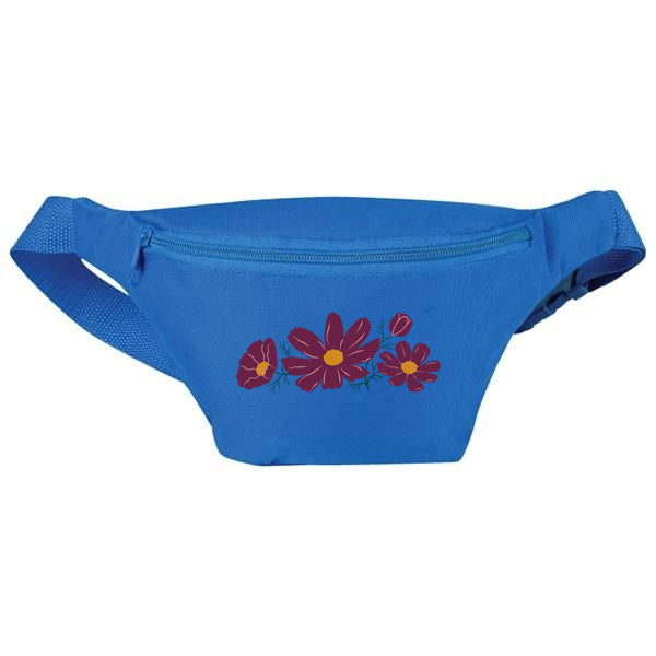 Royal blue fanny pack with matching zipper, screenprinted with dark pink flowers, all on a white background.